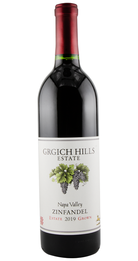 Wine bottle of Grgich Hills Estate Zinfandel on a white background