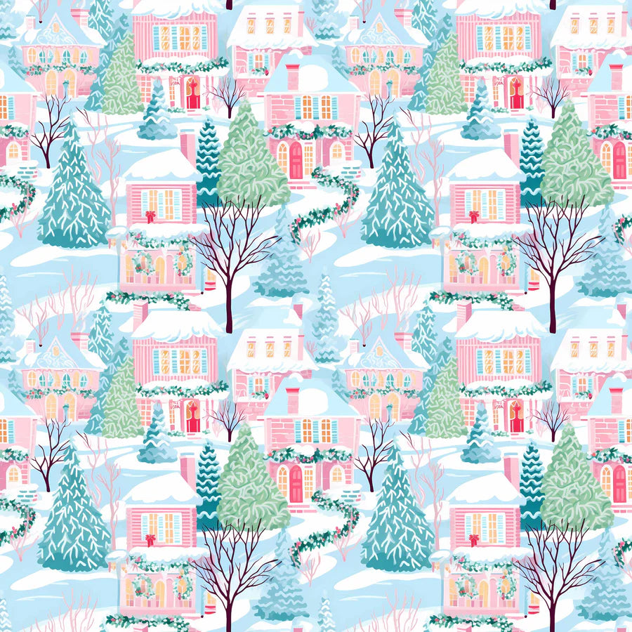 Pattern of snow-covered houses and trees in a winter village scene.