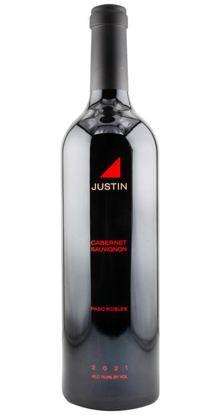 Bottle of Justin Cabernet with black and red label 