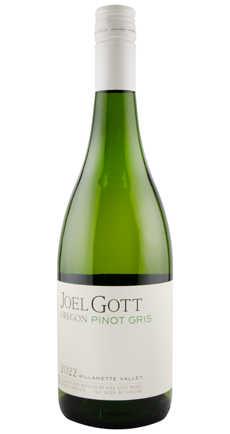 Bottle of Joel Gott Oregon Pinot Gris wine on a white background