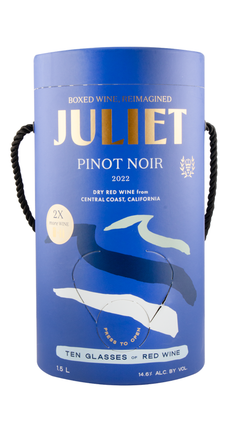 Blue cylindrical Juliet Pinot Noir wine box on a white background