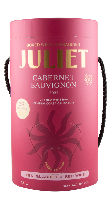 Pink wine box labeled 'Juliet Cabernet Sauvignon' on a white background