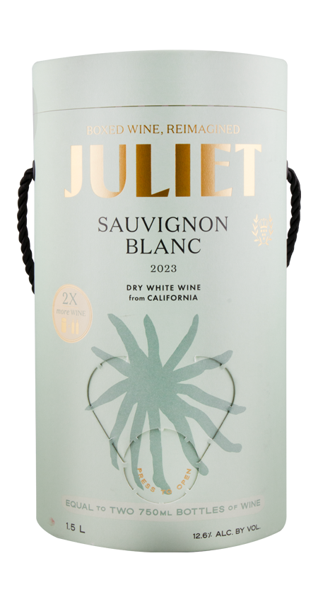 Wine pouch labeled 'Juliet Sauvignon Blanc' on a white background