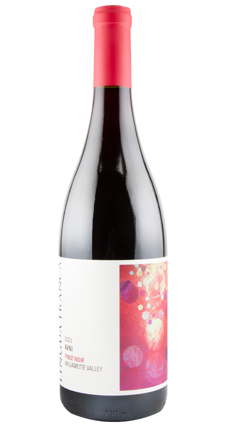 Red wine bottle with a colorful label on a white background