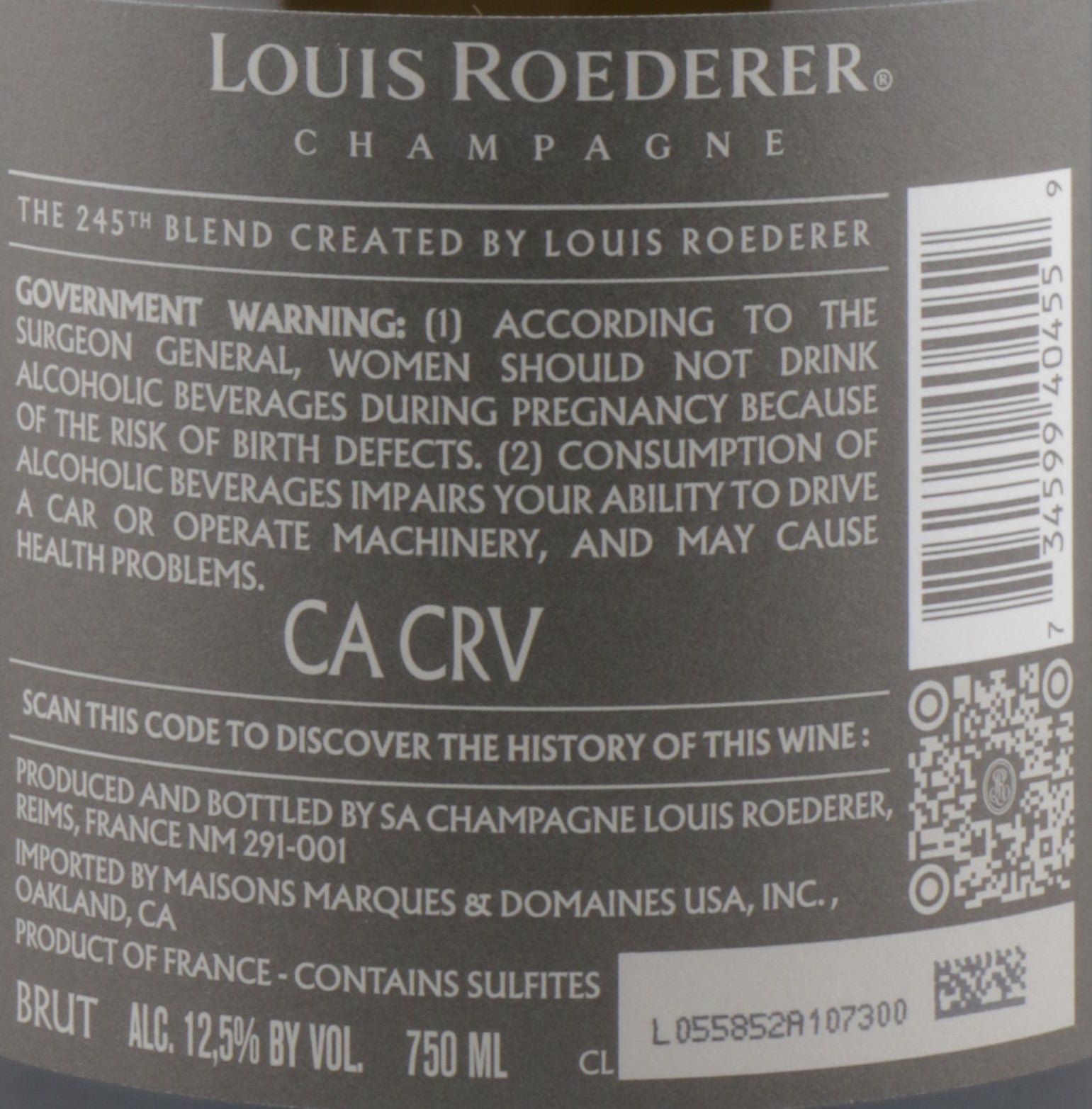 Louis Roederer Champagne label with government warning and product details on the back label 