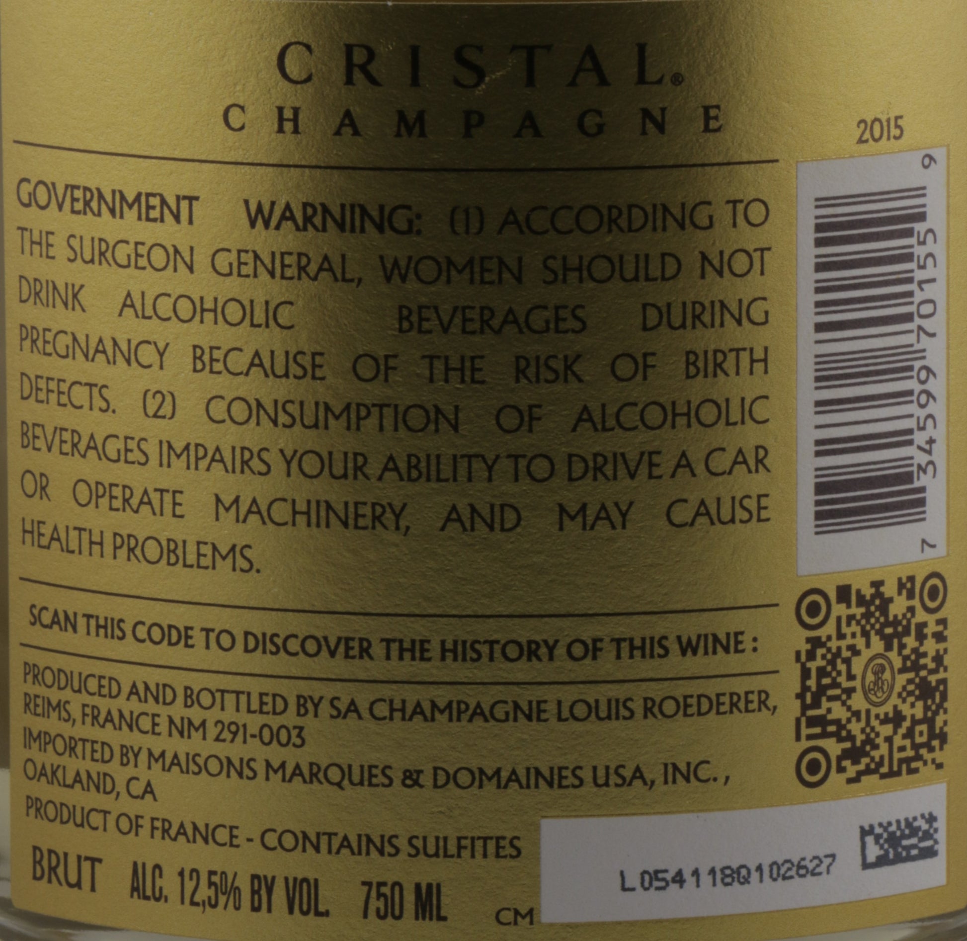 Cristal Champagne label with warning text and product details.