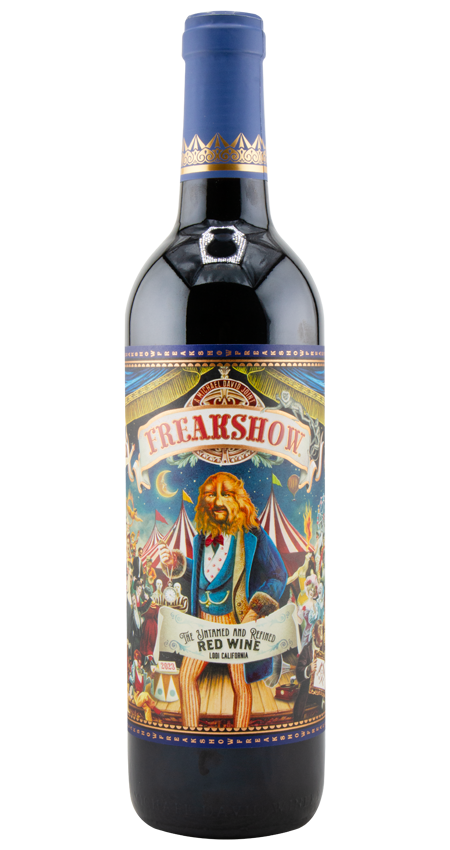 Freakshow wine bottle with a circus tent and lion ring leader fun festive colors