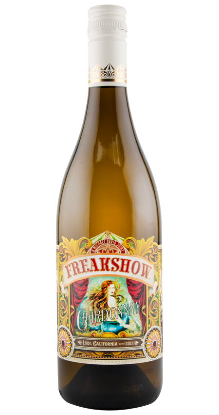 Wine bottle with a colorful label on a white background