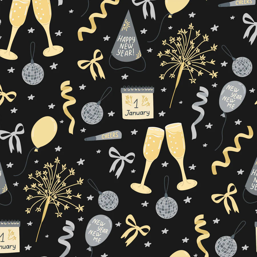 New Year's Eve pattern with champagne glasses, balloons, and fireworks on a black background.