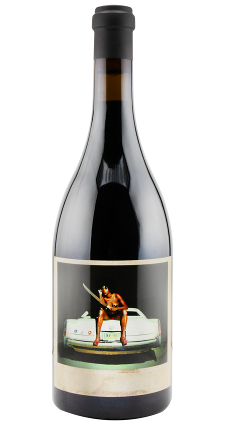 Wine bottle with a label featuring a person on a car against a white background