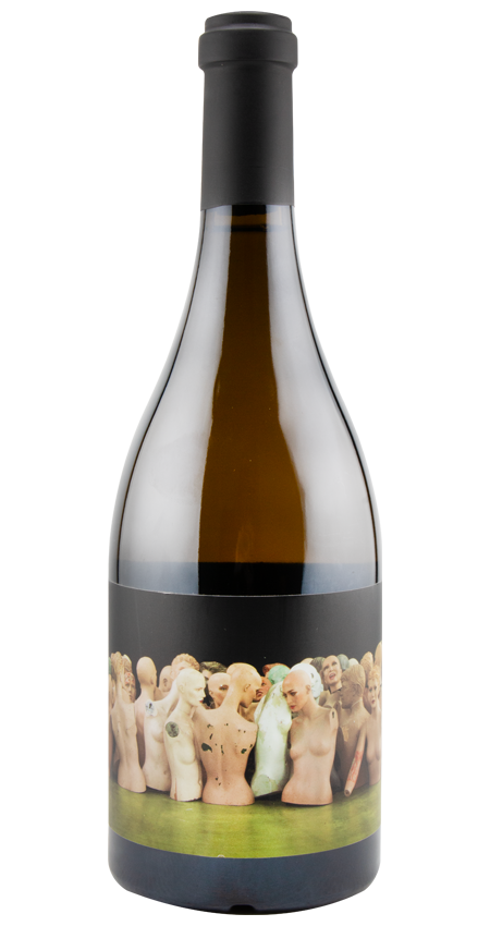 Wine bottle with a unique label design on a white background