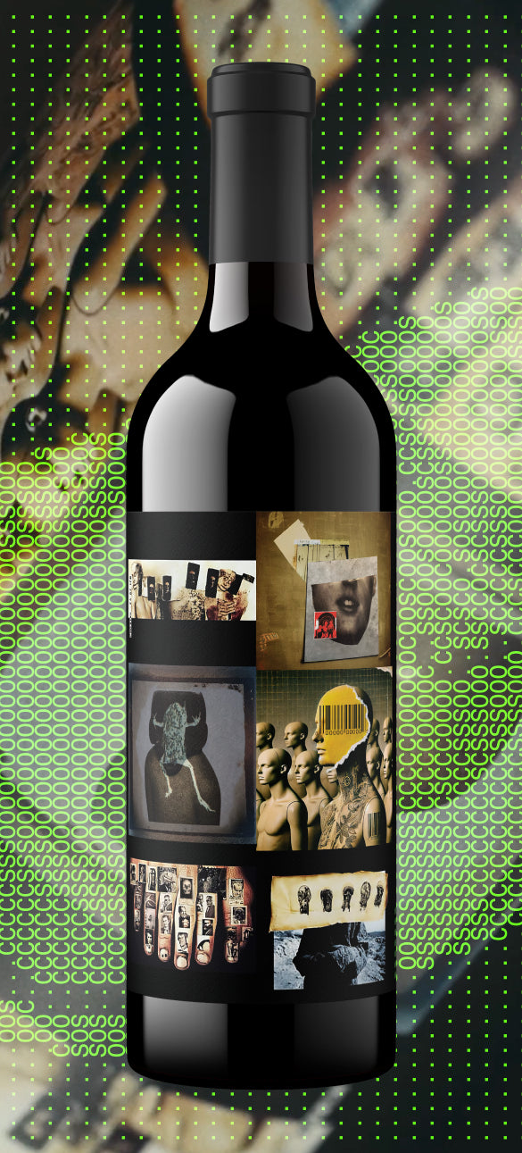 Wine bottle with artistic label design by Orin Swift on a colorful abstract background