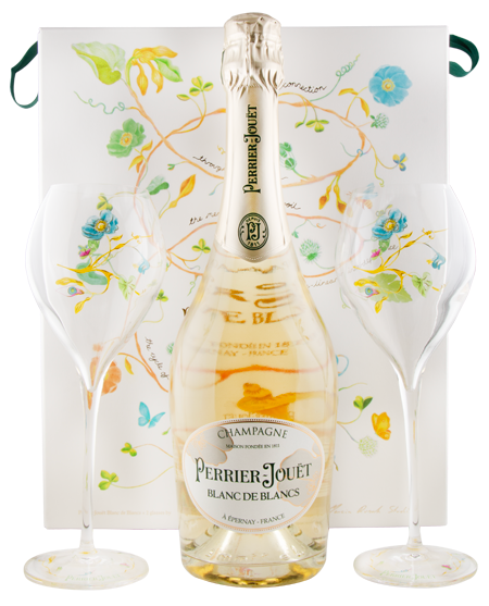Perrier-Jouët Blanc de Blancs N/V Gift Set – Luxury Champagne Gift with Two Glasses.