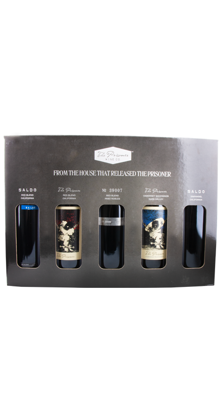 Set of five bottles in a black box with branding on a white background