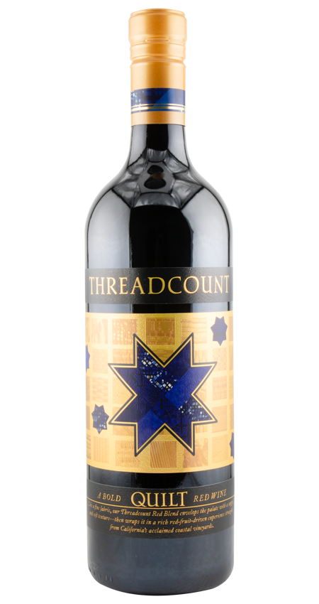 Threadcount quilt red wine bottle on a white background