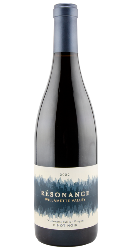 A bottle of Resonance Wines Willamette Valley Pinot Noir 2022 with a label showing the brand, wine name, and the year.