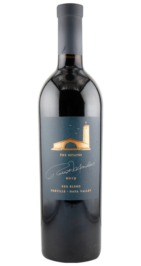 Estate wine with a blue and gold label 