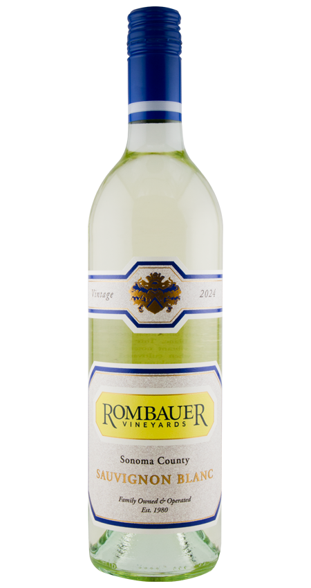 Bottle of Rombauer Sauvignon Blanc wine on a white background