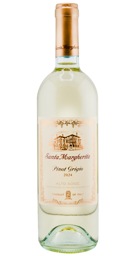 Bottle of Santa Margherita Pinot Grigio 2024 on a white background