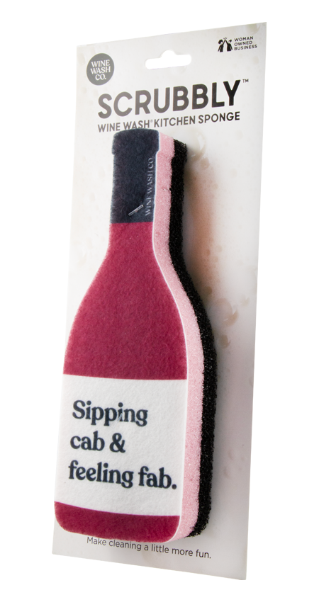 Scrubbly wine wash kitchen sponge packaging with a pink bottle design on a white background