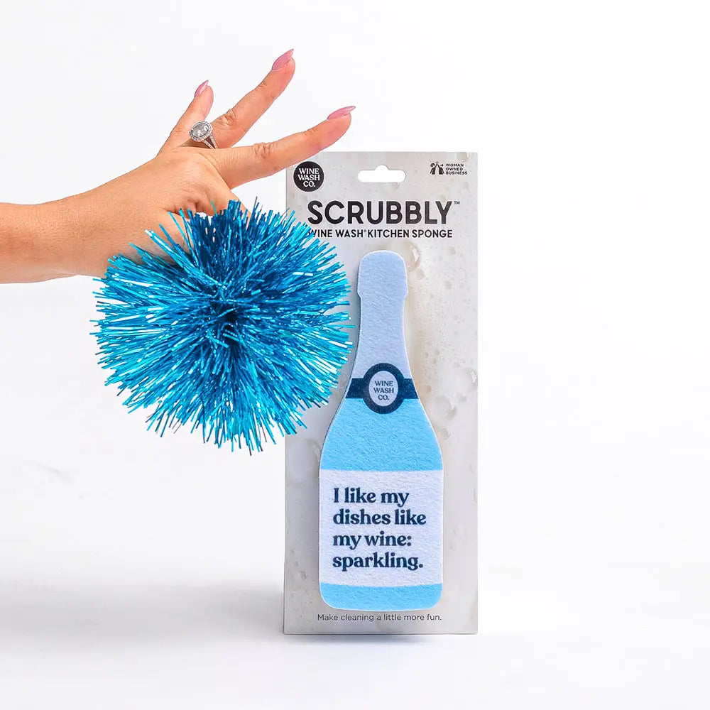 Blue Scrubbly sponge with packaging on a white background