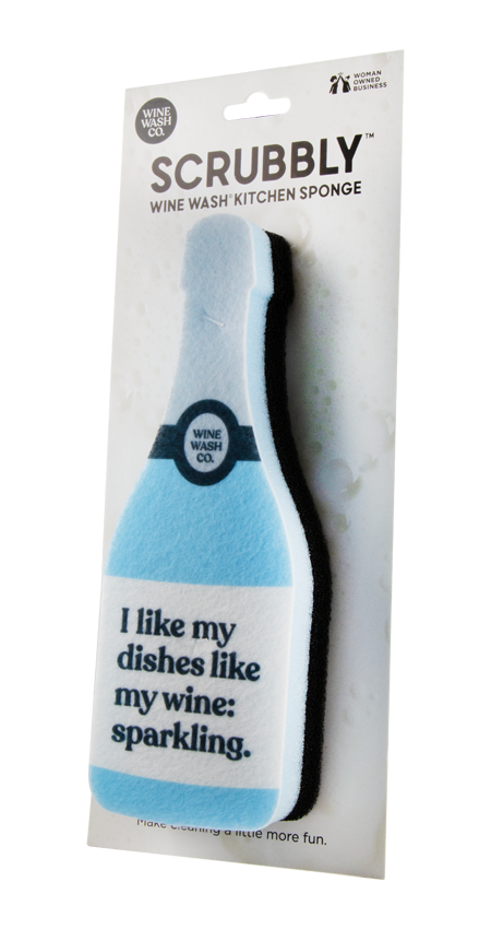 Scrubbly wine wash kitchen sponge in packaging with humorous text.