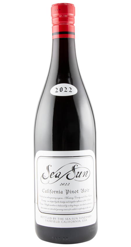 California Pinot Noir wine bottle featuring Sea Sun Pinot Noir label in vineyard background