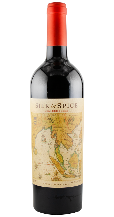 Wine bottle with a red cap and a label featuring a map design on a white background