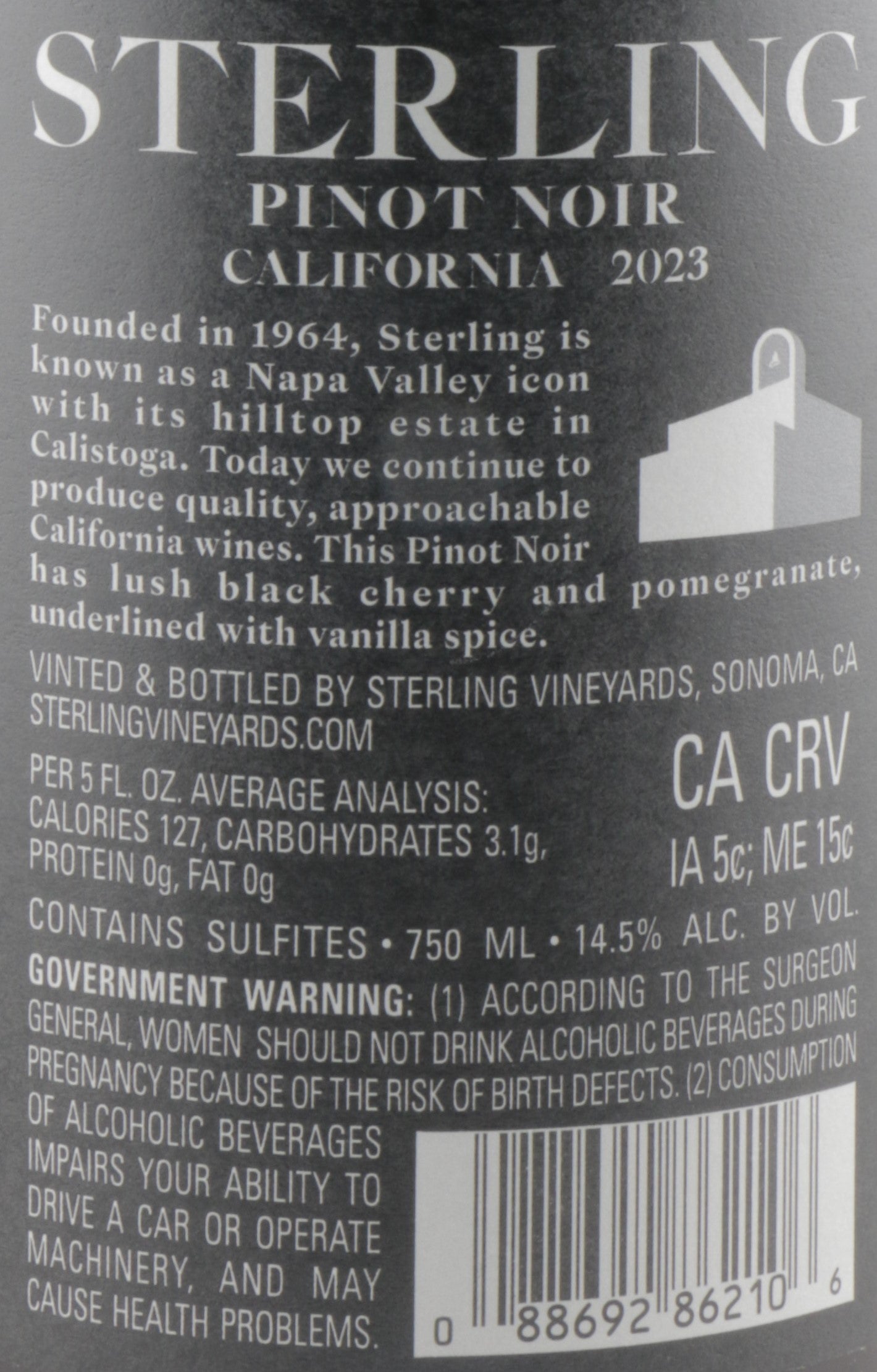 Sterling Vineyards Pinot Noir 2023 – California Elegance in Every Sip