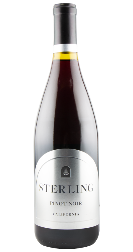 Sterling Vineyards Pinot Noir 2023 – California red wine with sleek label, vibrant garnet color, and elegant bottle design.