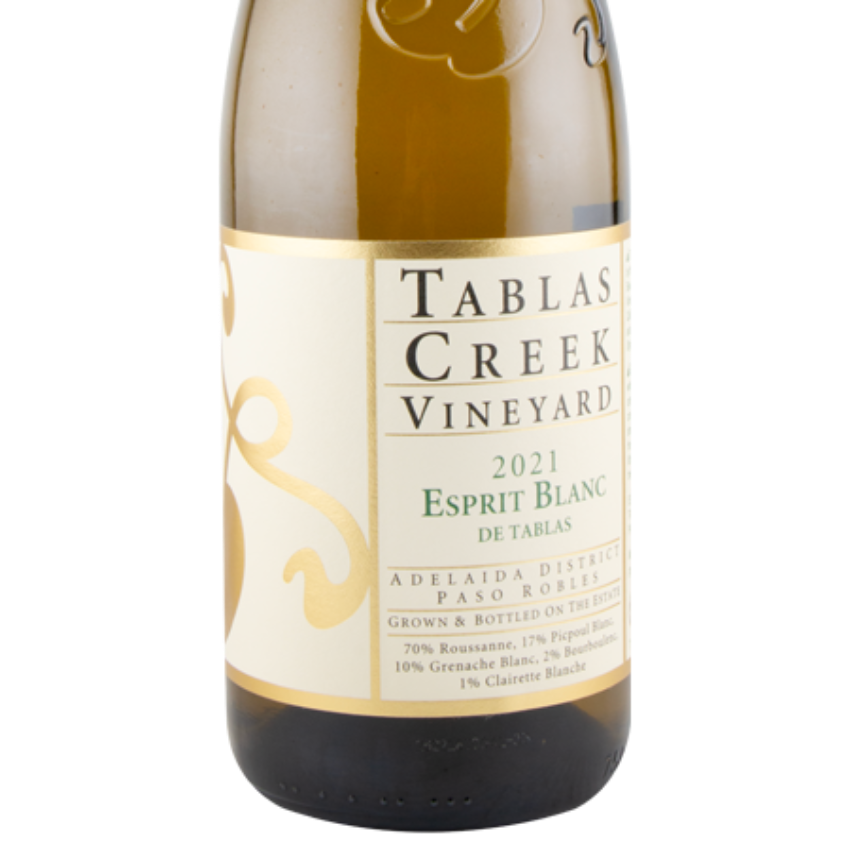 Tablas Creek Vineyard Esprit Blanc wine bottle on a white background