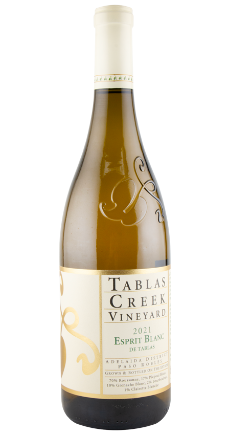Tablas Creek Vineyards Esprit Blanc wine bottle on a white background