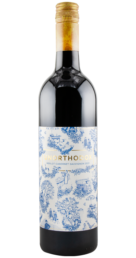 Kosher red wine bottle with decorative label on a white background