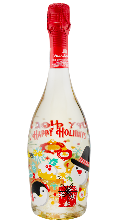 Sparkling wine with festive holiday design snowman and penguin with gifts and cookies. 