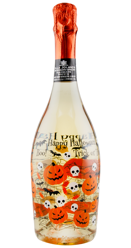 Bottle of Halloween-themed sparkling wine with pumpkins and ghosts on a white background
