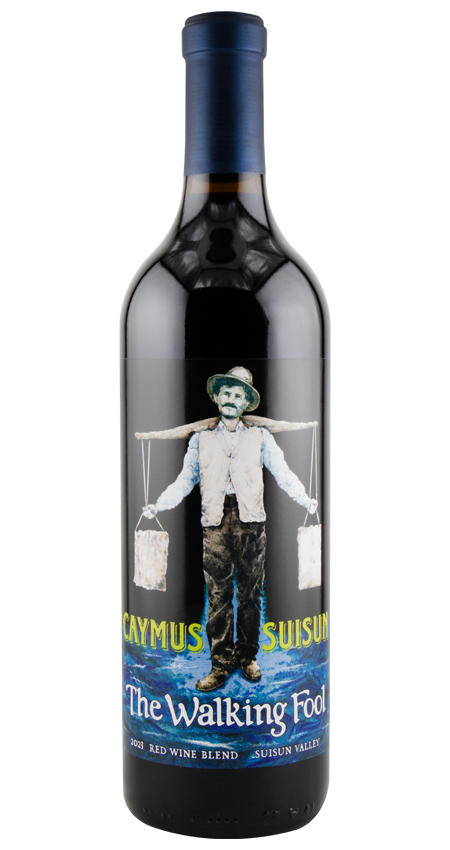 Wine bottle with a label featuring an illustration of a person on a white background
